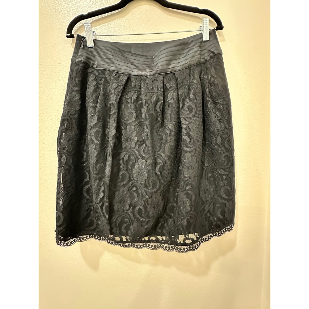 Worthington Black Floral Lace A-Line Skirt Satin Trim Waist Scalloped Hem Size 8 - Picture 3 of 4
